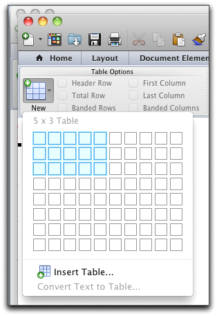 Inserting Word 2011 tables from the ribbon